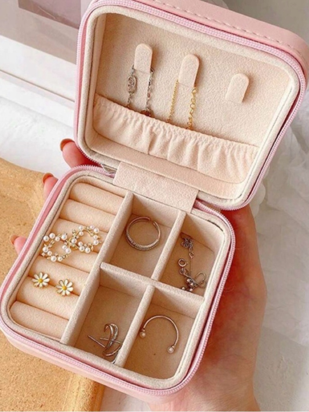 Compact Pink Travel Jewelry Organizer Case with Soft Interior